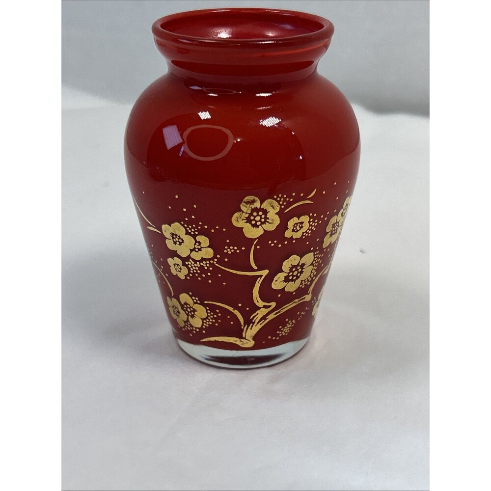 Small Red and Gold Painted Glass Bud Vase Flowers Decor Country Cottage